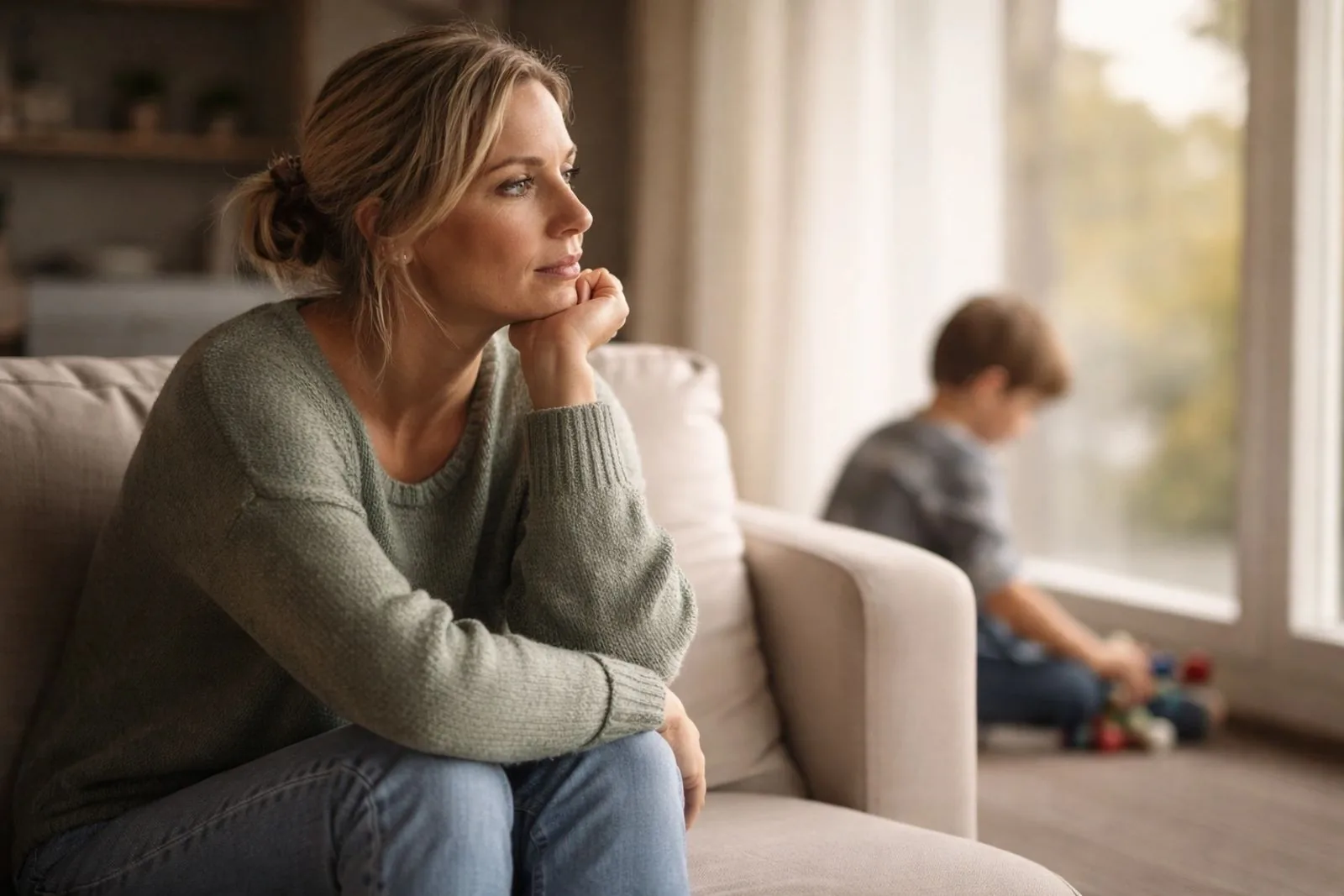 An overwhelmed parent sitting on the couch while her child plays nearby