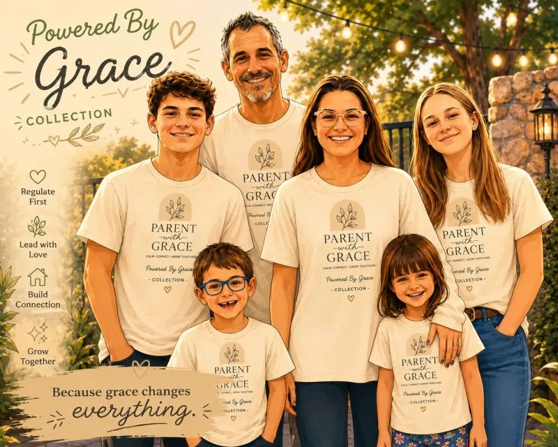 Family wearing Parent With Grace apparel collection shirts